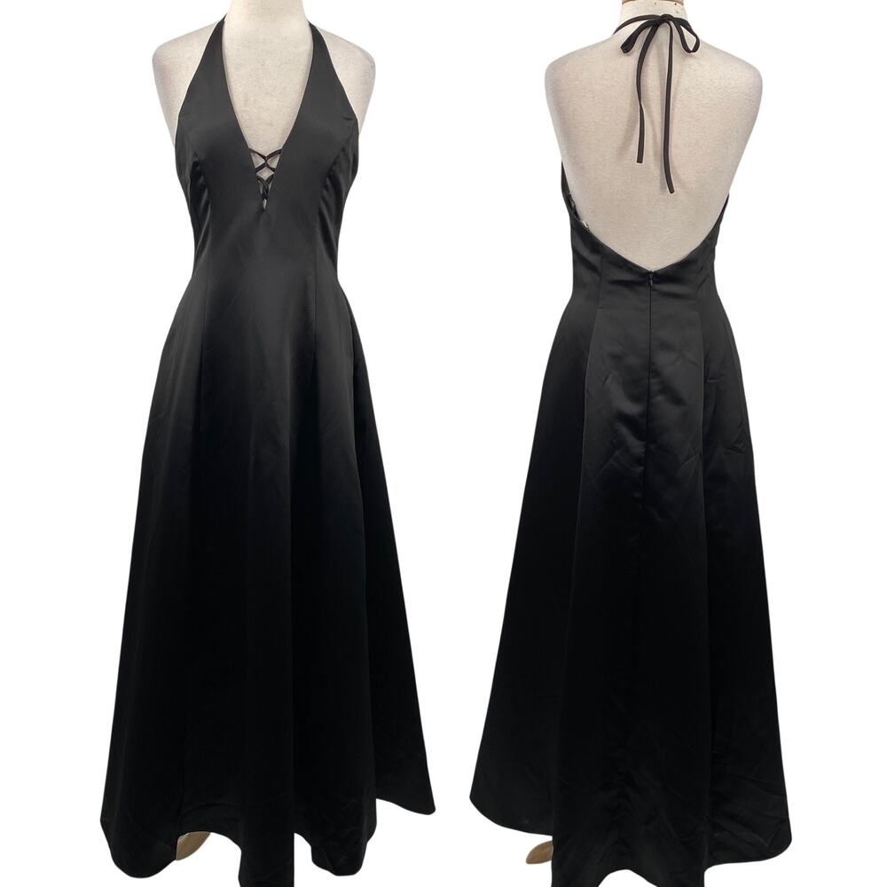 Vintage Y2k Scott McClintock Lace Up Gown Satin Halter Formal Black NEW Womens 8